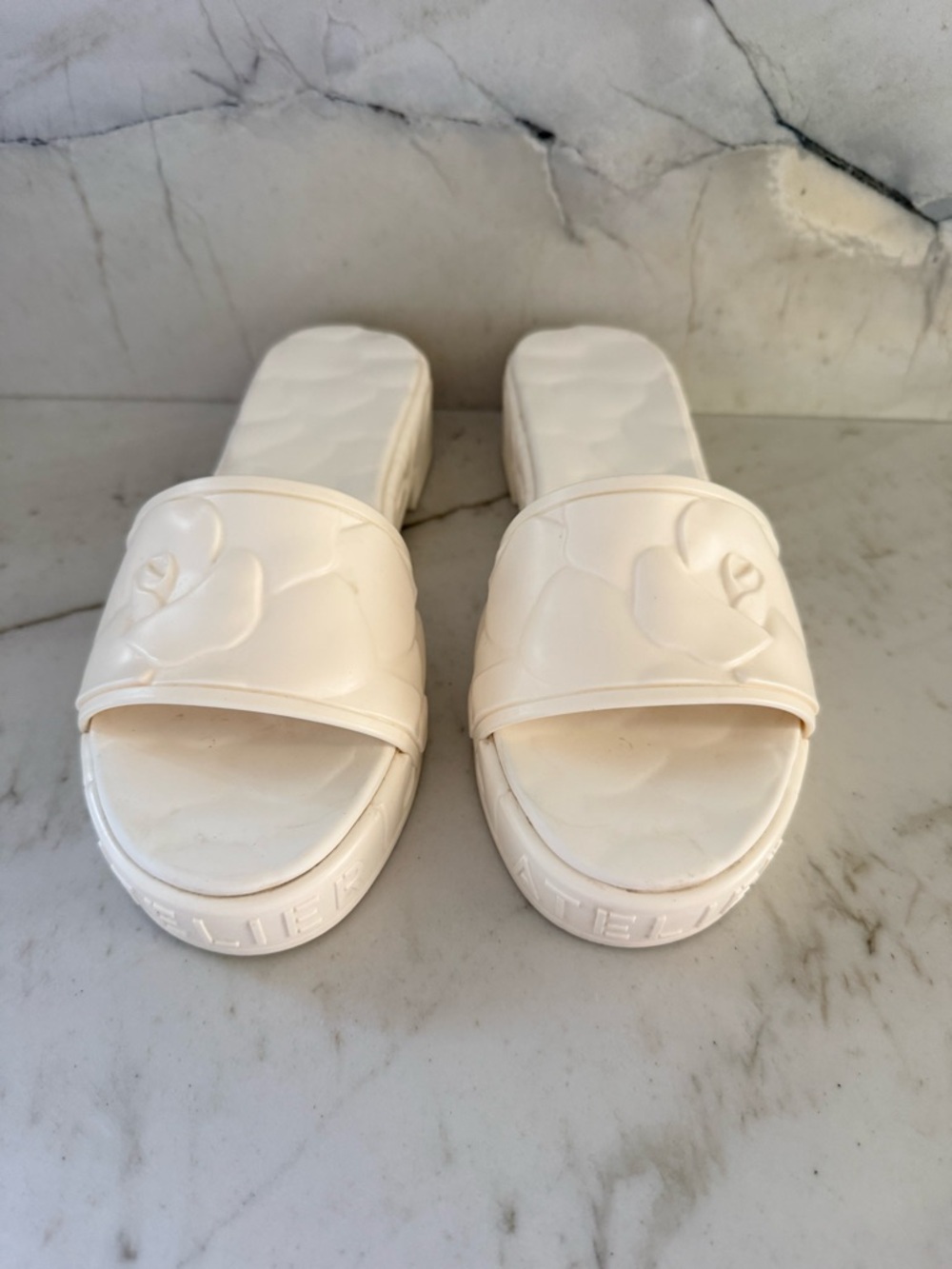 Valentino Garavani Cream Floral Embossed Slide Sandals